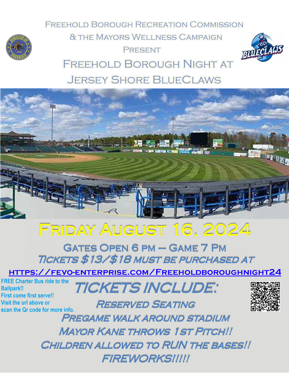Blue Claws flyer English language. Click to open an OCR scanned version of this flyer. Event is Friday, August 16, 2024. Gates open at 6PM, game starts at 7PM. Tickets are $13, an additional package with food vouchers can be bought for $5 more. 