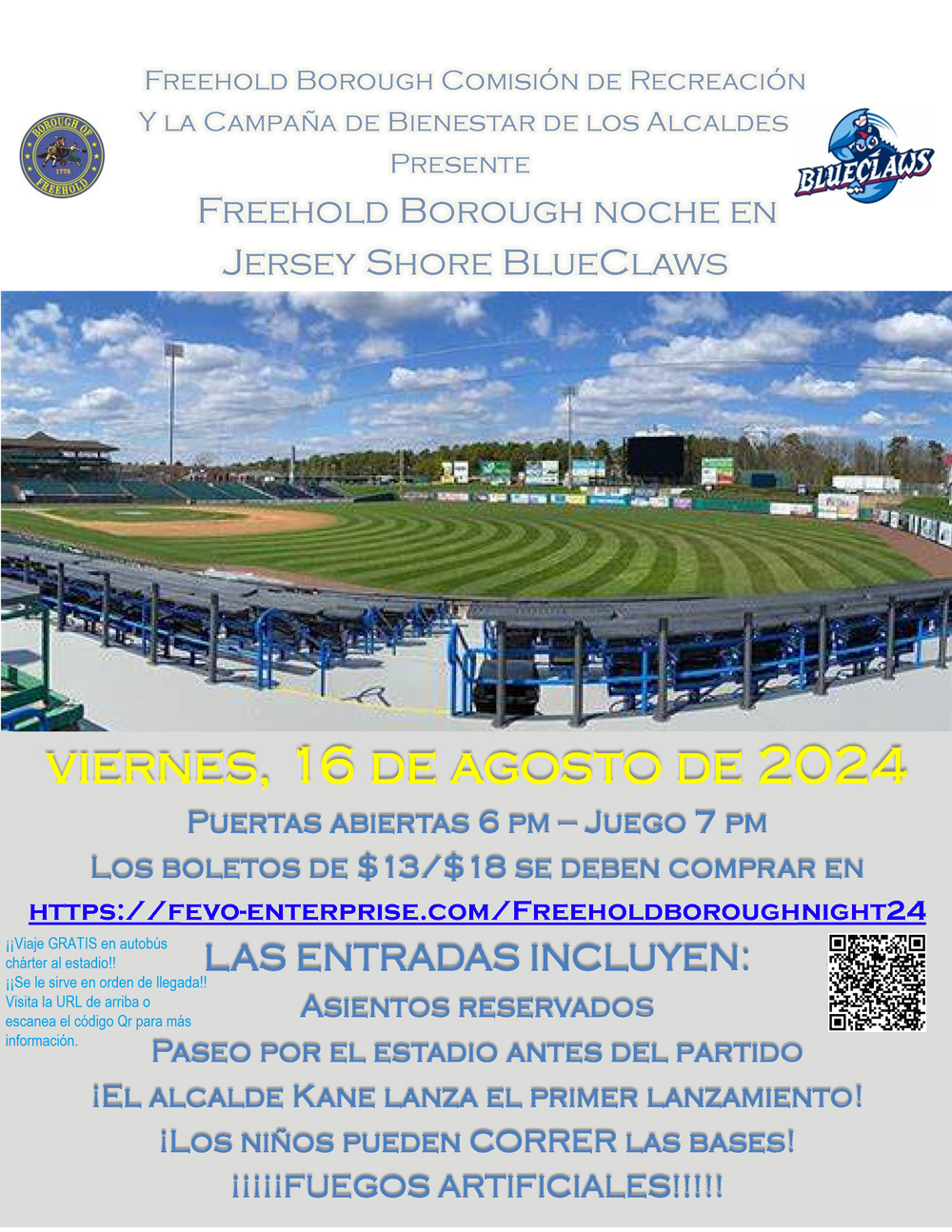 Blue Claws flyer Spanish language. Click to open an OCR scanned PDF version of the flyer. Game is Friday August 16, 2024. Gates open at 6PM, Game starts at 7PM. Tickets are $13, and additional $5 package can be bought.