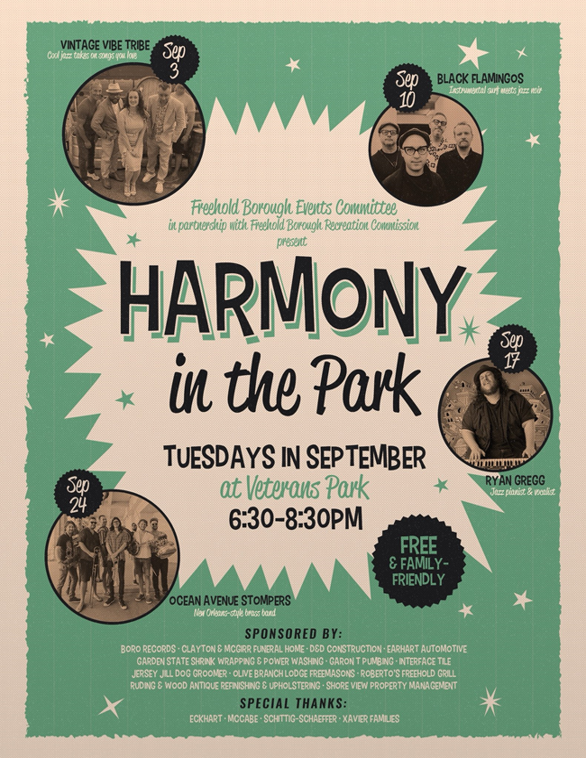 Harmony in the park flyer.  Taking place on Tuesdays in September at Veterans Park, from 6:30 PM - 8:30PM. Event is free and family friendly.